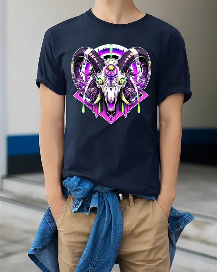 Cyber Ram Skull T-Shirt Neon Goat Head Graphic Tee for Alternative Fashion - model wearing navy shirt, hands in pockets