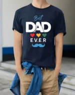 Best Dad Ever Hearts Tee Loving Father’s Day T-Shirt Gift for Awesome Dads - model wearing navy shirt, hands in pockets