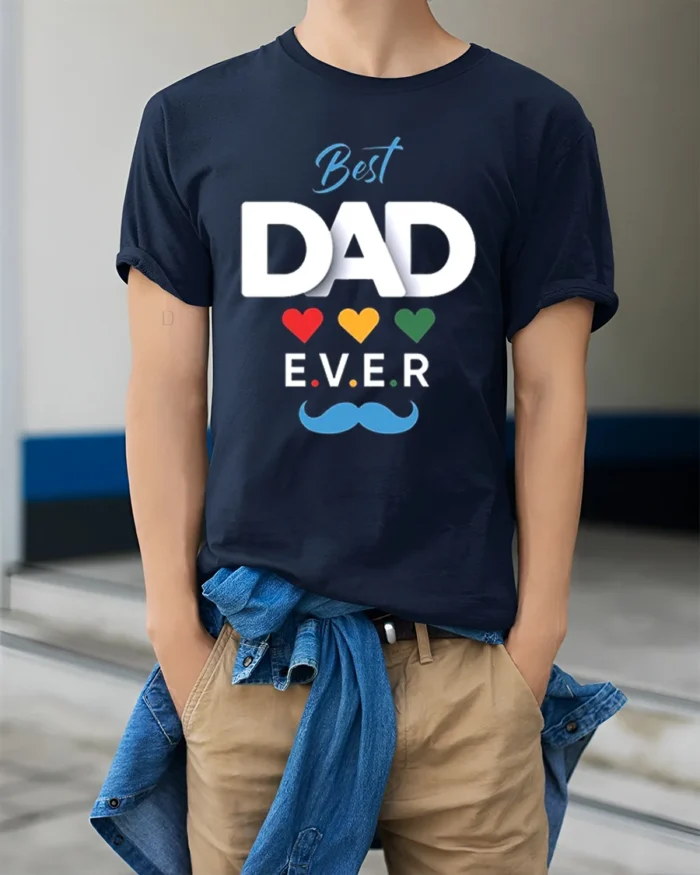 Best Dad Ever Hearts Tee Loving Father’s Day T-Shirt Gift for Awesome Dads - model wearing navy shirt, hands in pockets