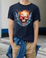 Inferno Skull T-Shirt Flaming Ghost Rider Graphic Tee for Metalheads - model wearing navy shirt, hands in pockets
