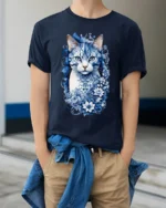 Azure Floral Cat Tee Elegant Blue Kitten with Flowers T-Shirt for Cat People - model wearing navy shirt, hands in pockets
