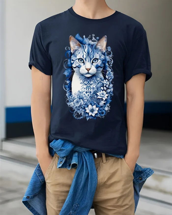Azure Floral Cat Tee Elegant Blue Kitten with Flowers T-Shirt for Cat People - model wearing navy shirt, hands in pockets