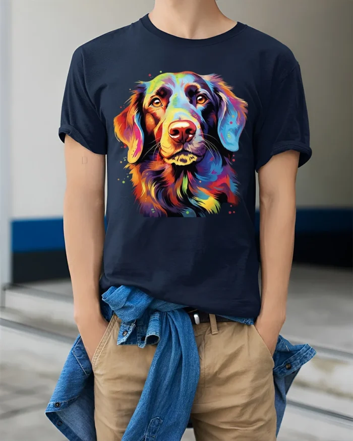 Vibrant Canine Tee Abstract Rainbow Dog Portrait T-Shirt for Pet Fans - model wearing navy shirt, hands in pockets