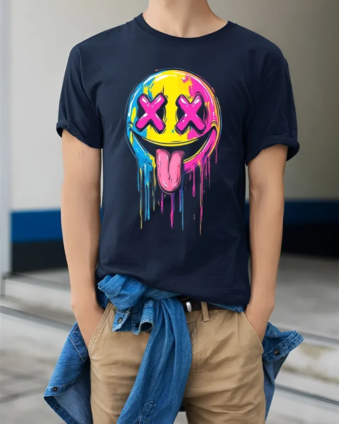 Melting Smiley Face Tee Colorful Dripping Emoji T-Shirt for Fun Style - model wearing navy shirt, hands in pockets