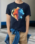 Fire and Ice Wolves T-Shirt Dual Wolf Spirit Graphic Tee for Bold Style - model wearing navy shirt, hands in pockets