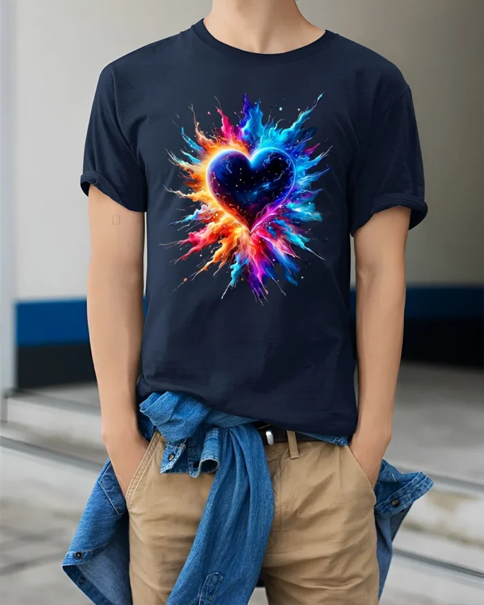 Exploding Heart Tee Vibrant Colorful Love T-Shirt for Passionate Souls - model wearing navy shirt, hands in pockets