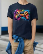 Splash Gamer Tee Vibrant Colorful Controller T-Shirt for Video Game Fans - model wearing navy shirt, hands in pockets