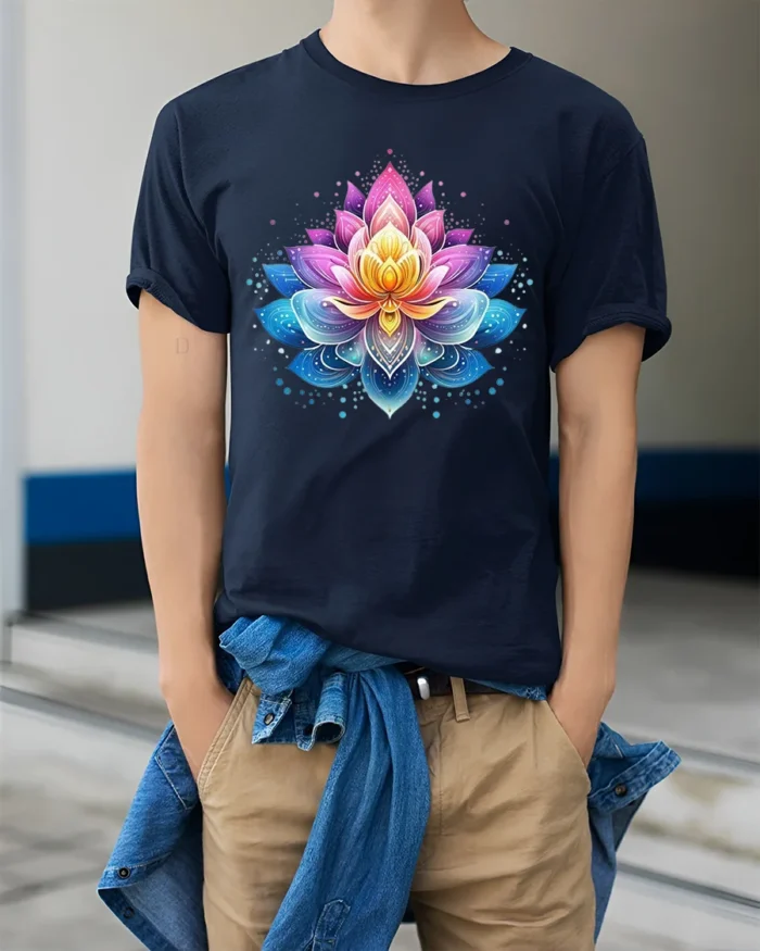 Gradient Lotus Tee Vibrant Ombre Flower T-Shirt for Yoga Zen Meditation - model wearing navy shirt, hands in pockets