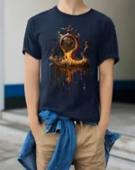 Melting Time T-Shirt Surreal Pocket Watch Graphic Tee for Art Lovers - model wearing navy shirt, hands in pockets