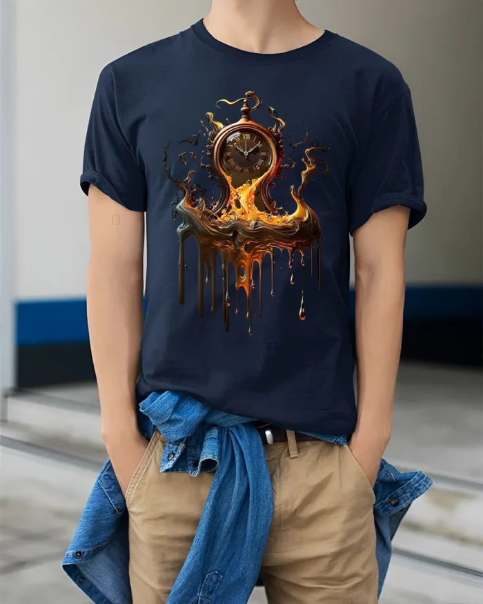 Melting Time T-Shirt Surreal Pocket Watch Graphic Tee for Art Lovers - model wearing navy shirt, hands in pockets