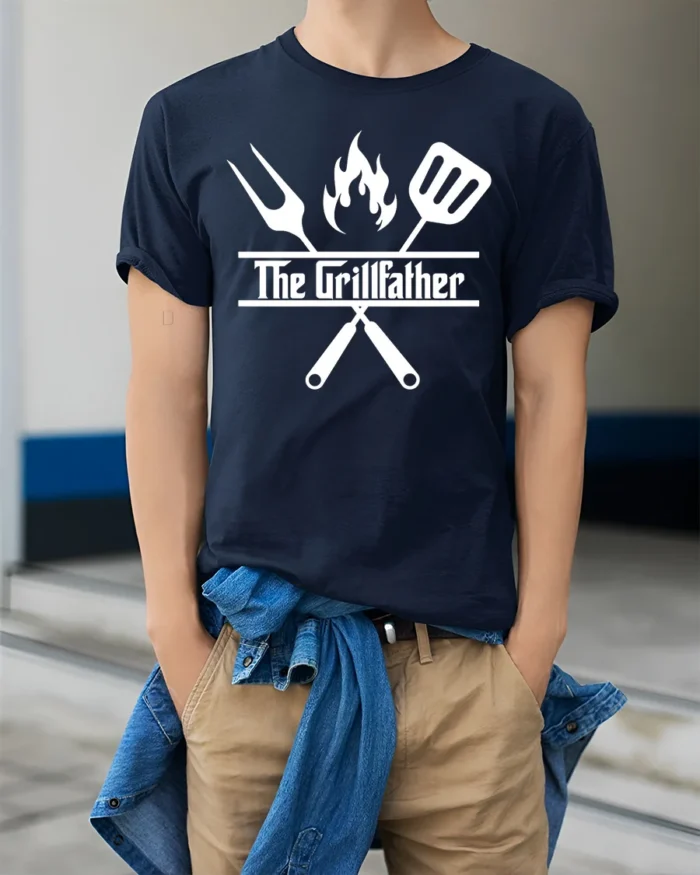 Grilling Godfather T-Shirt Funny BBQ Master Tee for Dad the Grill Boss - model wearing navy shirt, hands in pockets
