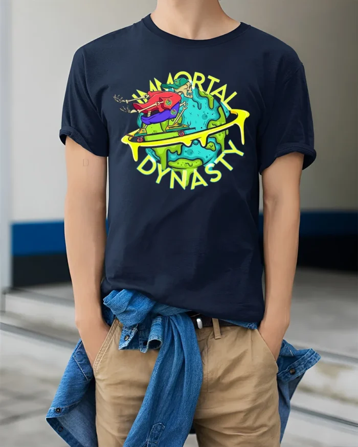 Skateboarding Skull Tee Immortal Dynasty Funny Apocalypse T-Shirt for All - model wearing navy shirt, hands in pockets