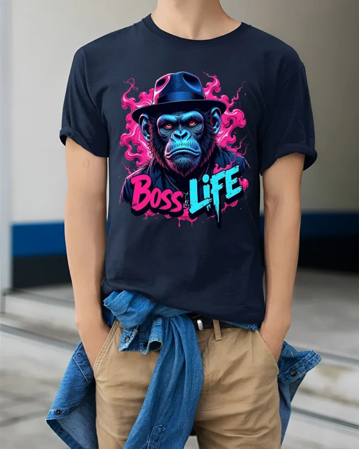 Monkey Boss Life T-Shirt Humorous Ape Tee for Success Minded Individuals - model wearing navy shirt, hands in pockets