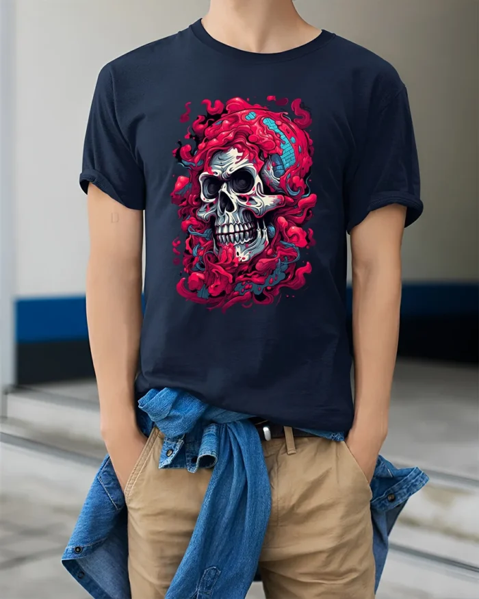 Dripping Skull Tee Abstract Colorful Skull T-Shirt for Edgy Style - model wearing navy shirt, hands in pockets