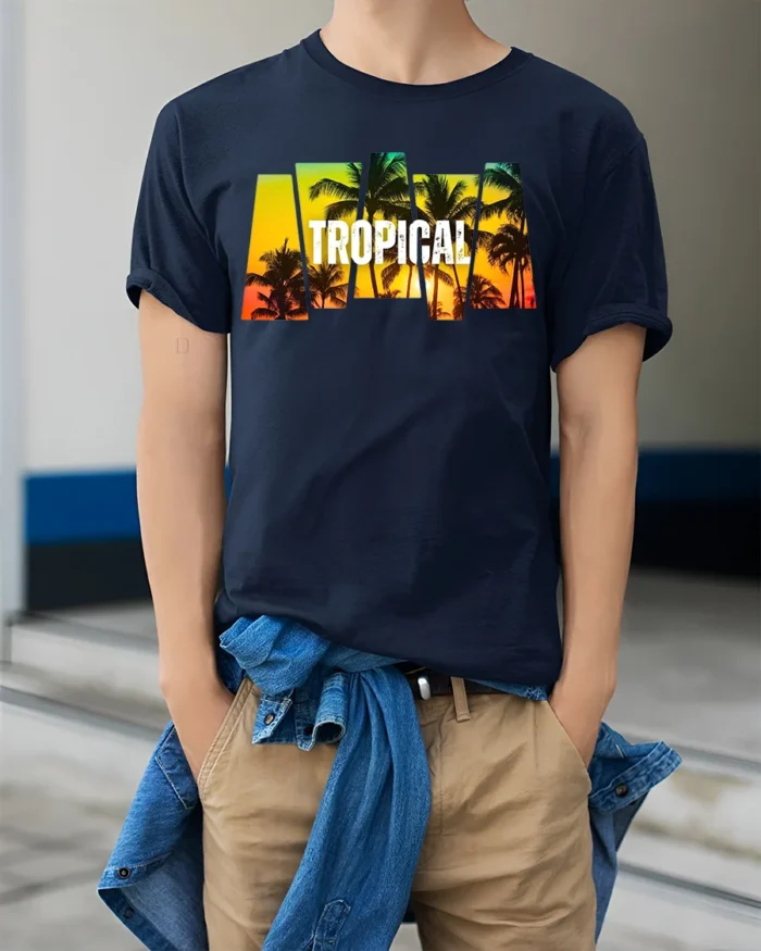 Tropical Sunset Palm Tree T-Shirt Island Vacation Beach Tee for Summer Vibes - model wearing navy shirt, hands in pockets
