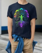 Psychedelic Shroom Chakra Tree Yoga Zen T-Shirt Colorful Fungi Forest Tee for US Explorers - model wearing navy shirt, hands in pockets