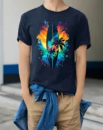 Colorful Surf Vibes T-Shirt Palm Tree and Sunset Graphic Tee for Summer Days - model wearing navy shirt, hands in pockets