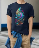 Colorful Feather Spiral Artistic Floral Print Tee for Boho Style Lovers T-Shirt - model wearing navy shirt, hands in pockets