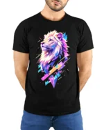 Majestic Neon Lion Graphic Bold Vibrant T-Shirt - model wearing black shirt, hands behind back