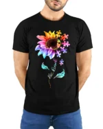 Be Kind Puzzle Sunflower T-Shirt Autism Awareness Graphic Tee for Kindness - model wearing black shirt, hands behind back