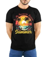 Summer Favourite Season T-Shirt Tropical Beach Vacation Tee for Sunshine Lovers - model wearing black shirt, hands behind back