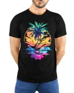 Vibrant Palm Sunset T-Shirt Abstract Tropical Beach Graphic Tee for Summer Vibes - model wearing black shirt, hands behind back