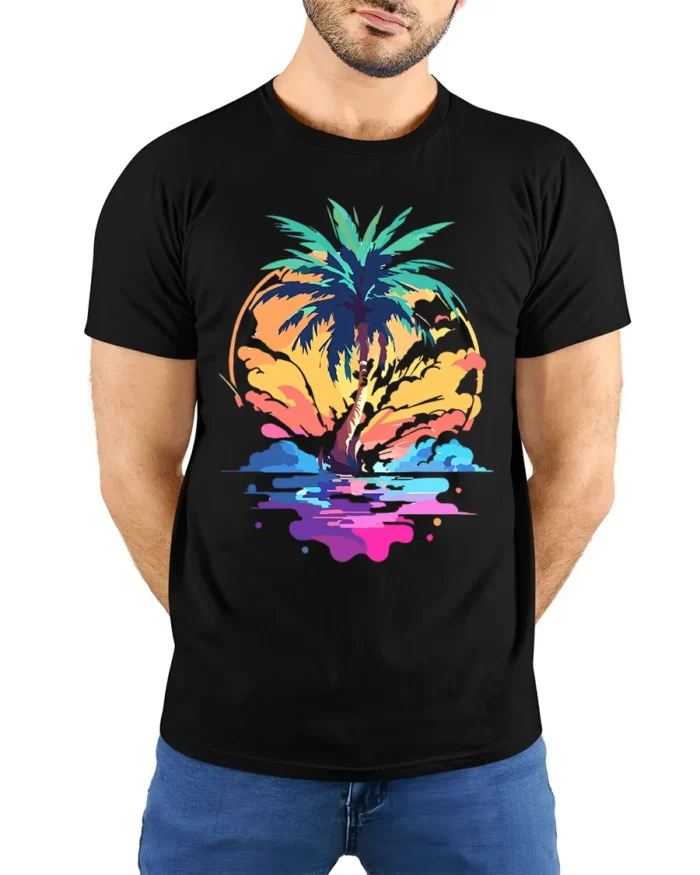 Vibrant Palm Sunset T-Shirt Abstract Tropical Beach Graphic Tee for Summer Vibes - model wearing black shirt, hands behind back