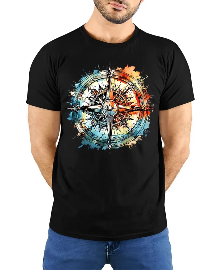 Watercolor Compass T-Shirt Artistic Nautical Travel Tee for Adventure Seekers - model wearing black shirt, hands behind back