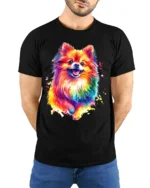 Colorful Pom Abstract Watercolor Pomeranian T-Shirt for Dog Fans - model wearing black shirt, hands behind back