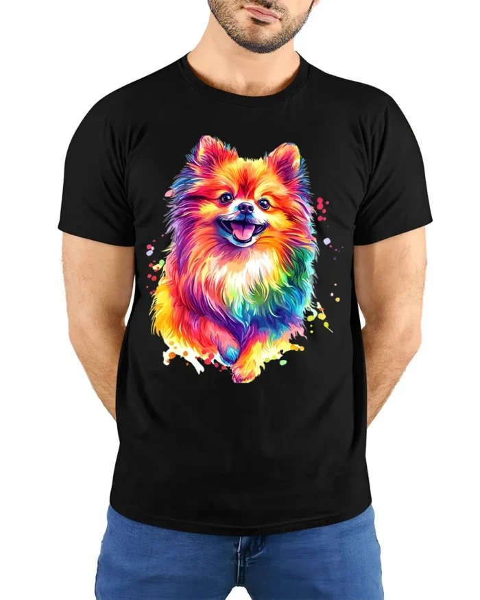 Colorful Pom Abstract Watercolor Pomeranian T-Shirt for Dog Fans - model wearing black shirt, hands behind back