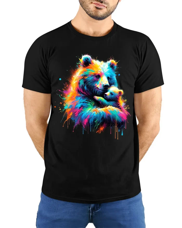 Colorful Bear Hug Tee Abstract Watercolor Mother and Baby Bear T-Shirt for US - model wearing black shirt, hands behind back
