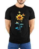 Sunflower Butterfly Tee Vibrant Floral Insect T-Shirt for Nature Lovers - model wearing black shirt, hands behind back