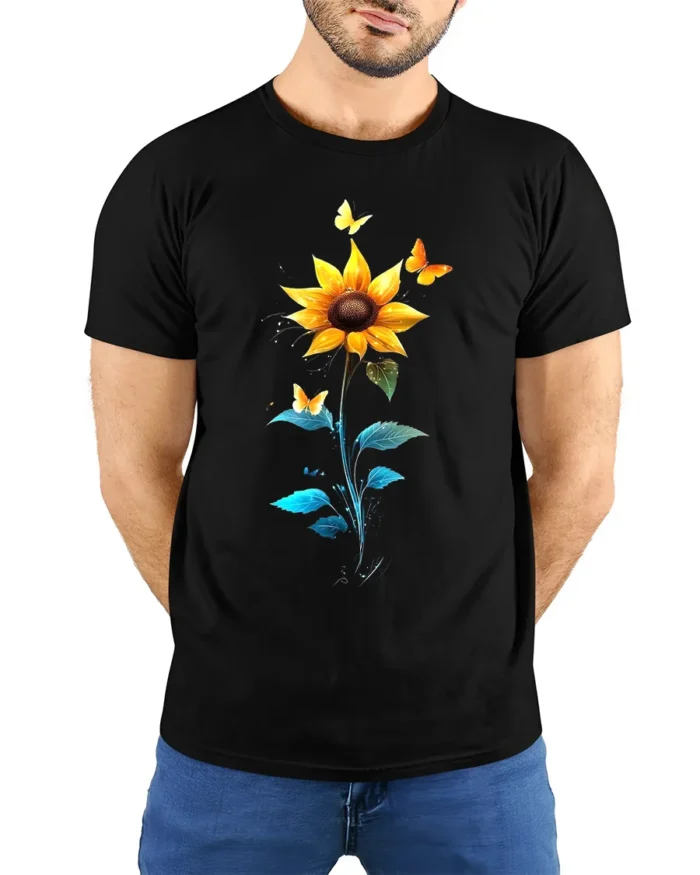 Sunflower Butterfly Tee Vibrant Floral Insect T-Shirt for Nature Lovers - model wearing black shirt, hands behind back