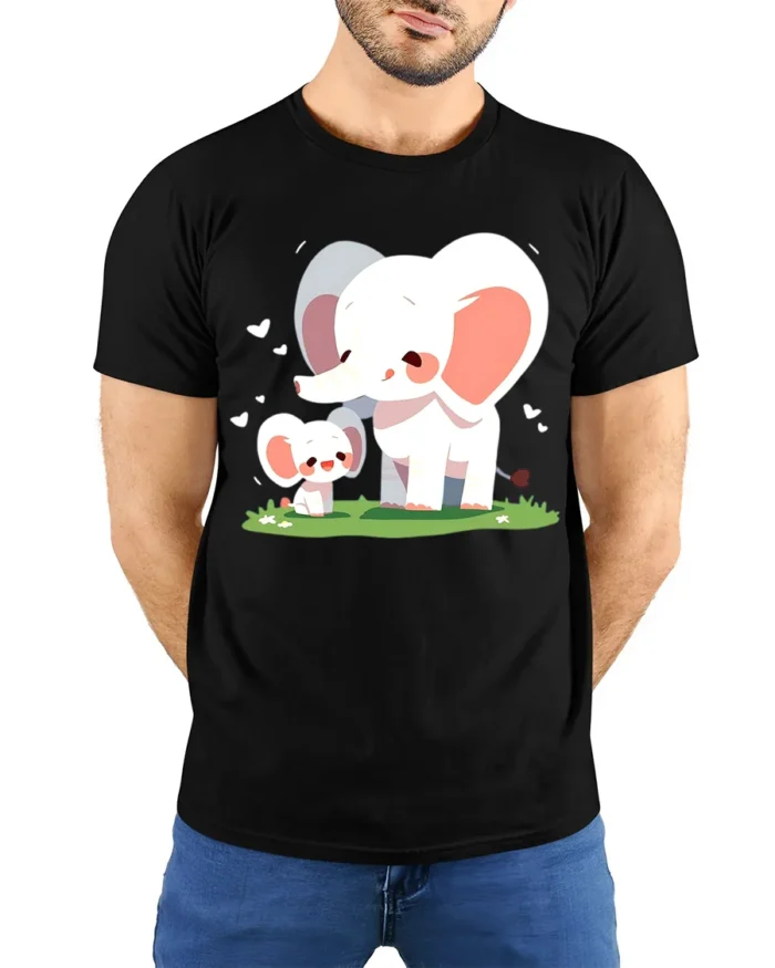 Cute Elephant Family T-Shirt Mommy and Baby Elephant Love Graphic Tee for US - model wearing black shirt, hands behind back
