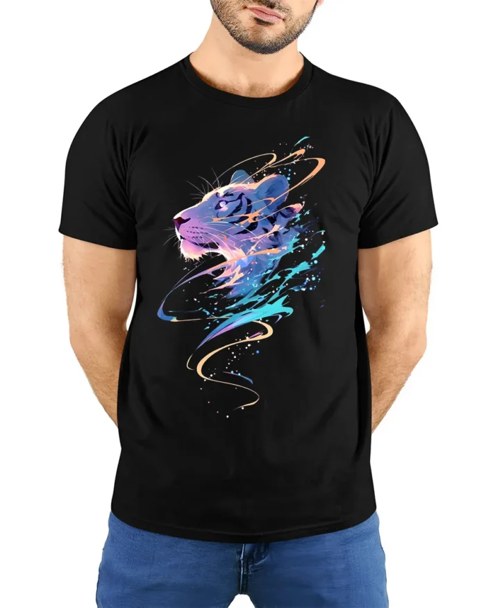 Colorful Tiger Graphic T-Shirt  Abstract Big Cat Art Tee for Bold Individuals - model wearing black shirt, hands behind back