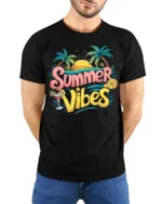 Cool Summer Vibes T-Shirt Retro Beach Sunset Tee with Palm Trees Drink - model wearing black shirt, hands behind back