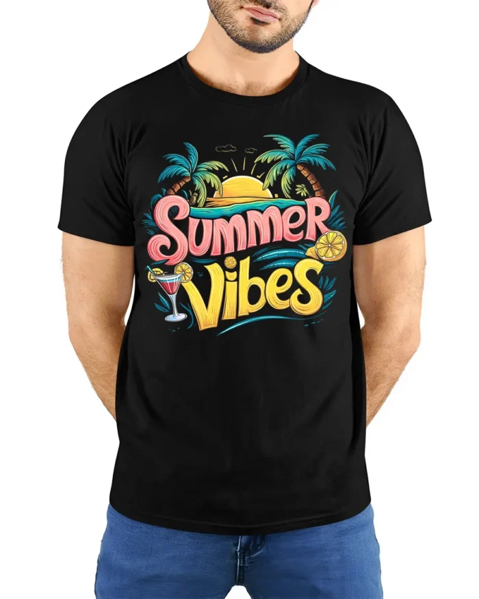 Cool Summer Vibes T-Shirt Retro Beach Sunset Tee with Palm Trees Drink - model wearing black shirt, hands behind back
