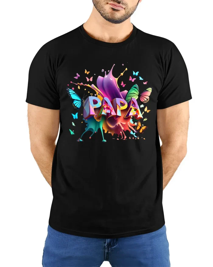 Colorful Papa Butterfly Tee Vibrant Father’s Day T-Shirt with Butterfly Art - model wearing black shirt, hands behind back