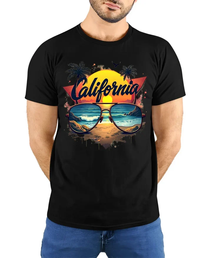 California Beach Vibes Tee Retro Sunset Sunglasses T-Shirt for West Coast Fans - model wearing black shirt, hands behind back