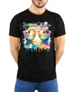 Summer Vibes Sunglasses Tee Tropical Beach T-Shirt for Sunshine Lovers - model wearing black shirt, hands behind back