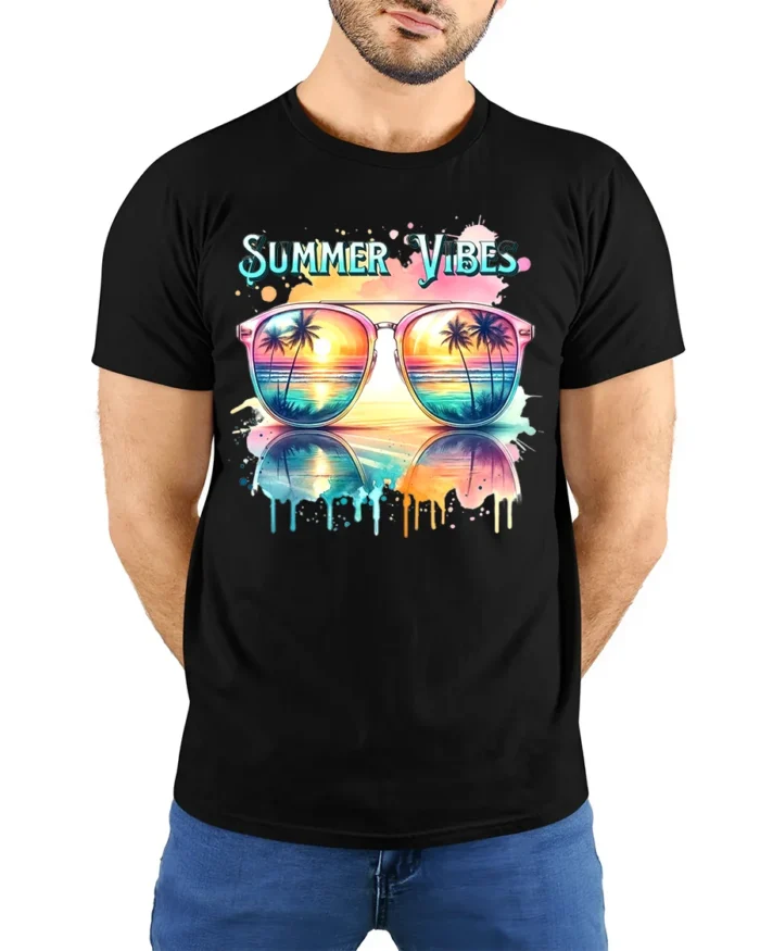Summer Vibes Sunglasses Tee Tropical Beach T-Shirt for Sunshine Lovers - model wearing black shirt, hands behind back