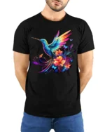 Rainbow Hummingbird Tee Vibrant Floral Butterfly T-Shirt for Nature Lovers - model wearing black shirt, hands behind back