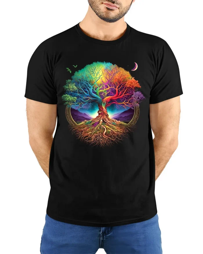 Vibrant Life Tree Yoga Zen Tee Rainbow Colored Spiritual Nature T-Shirt for All - model wearing black shirt, hands behind back