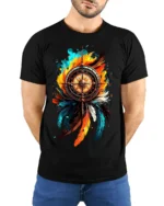 Nautical Feather T-Shirt Artistic Compass Graphic Tee for Explorers and Dreamers - model wearing black shirt, hands behind back