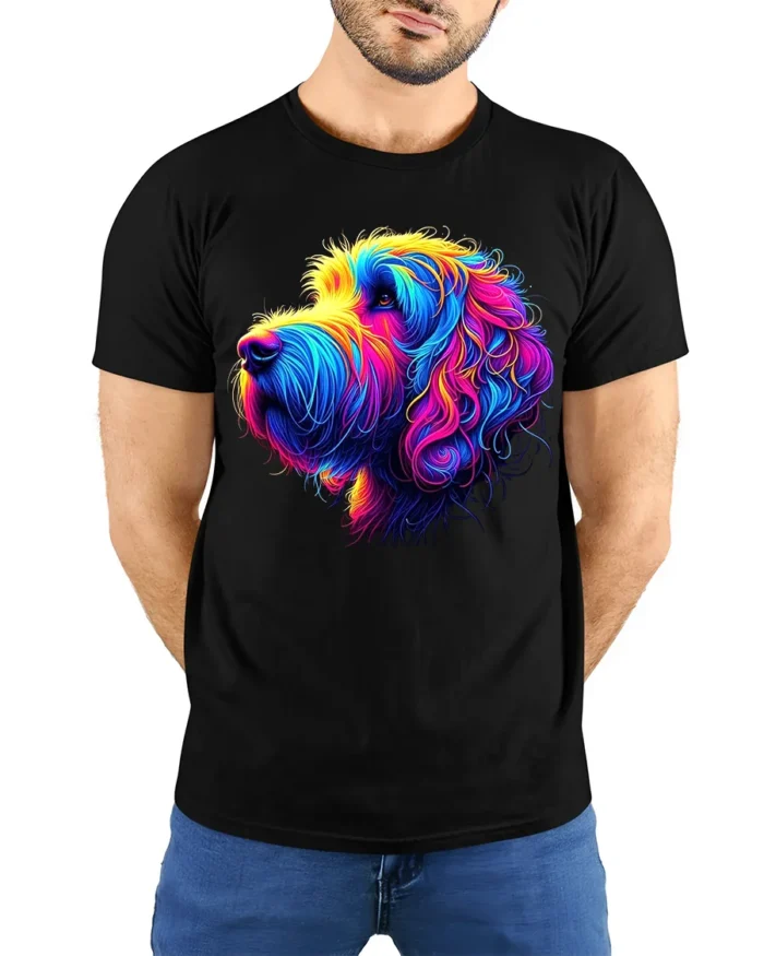 Rainbow Otterhound Tee Vibrant Abstract Dog T-Shirt for Otterhound Lovers - model wearing black shirt, hands behind back