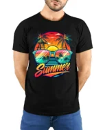 Retro Summer Vibes Tee Sunset Beach Sunglasses T-Shirt for Vacation Lovers - model wearing black shirt, hands behind back