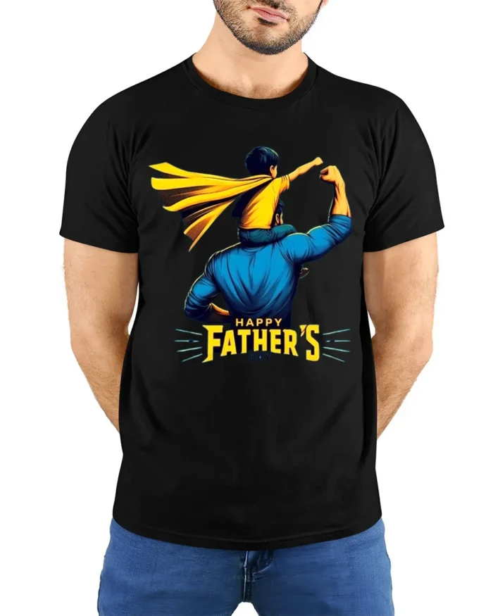 Superhero Dad Son Tee Happy Father’s Day T-Shirt for Super Dads - model wearing black shirt, hands behind back