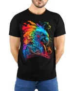 Colorful Parrot Explosion T-Shirt Vibrant Tropical Bird Tee for Summer Fun - model wearing black shirt, hands behind back