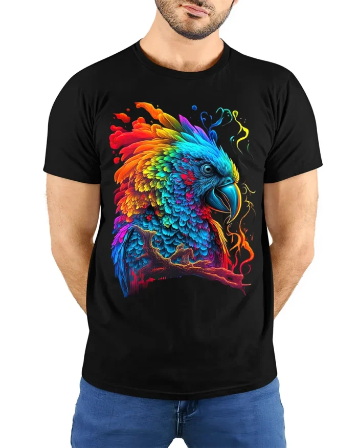Colorful Parrot Explosion T-Shirt Vibrant Tropical Bird Tee for Summer Fun - model wearing black shirt, hands behind back