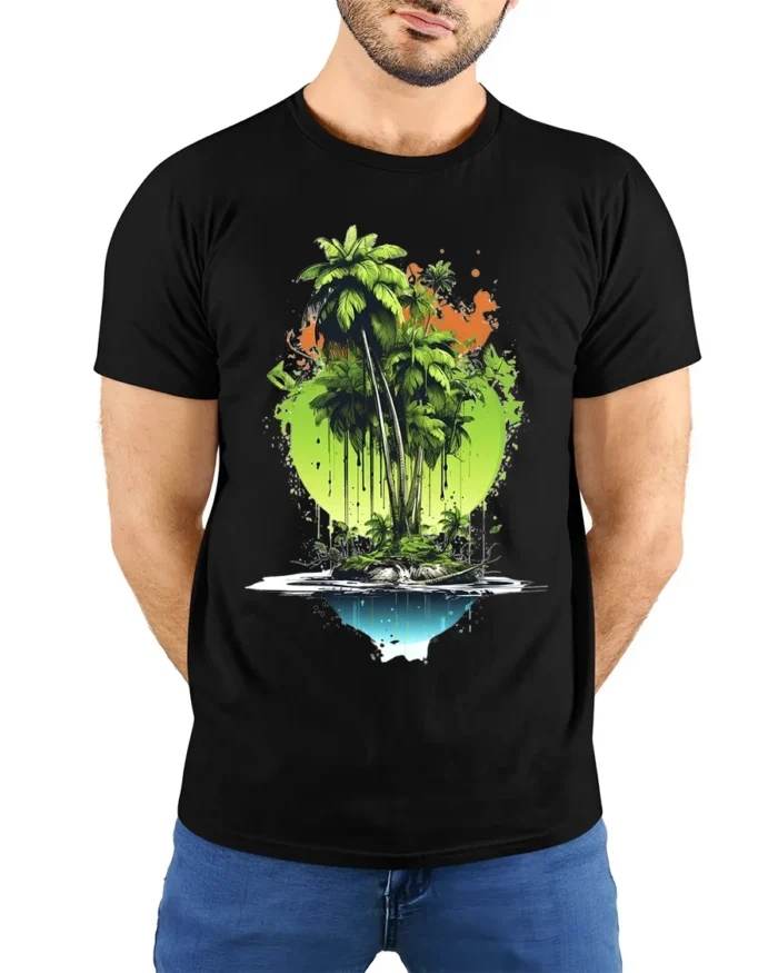 Tropical Island Reflection Tee Abstract Palm Tree Beach T-Shirt for Vacation - model wearing black shirt, hands behind back